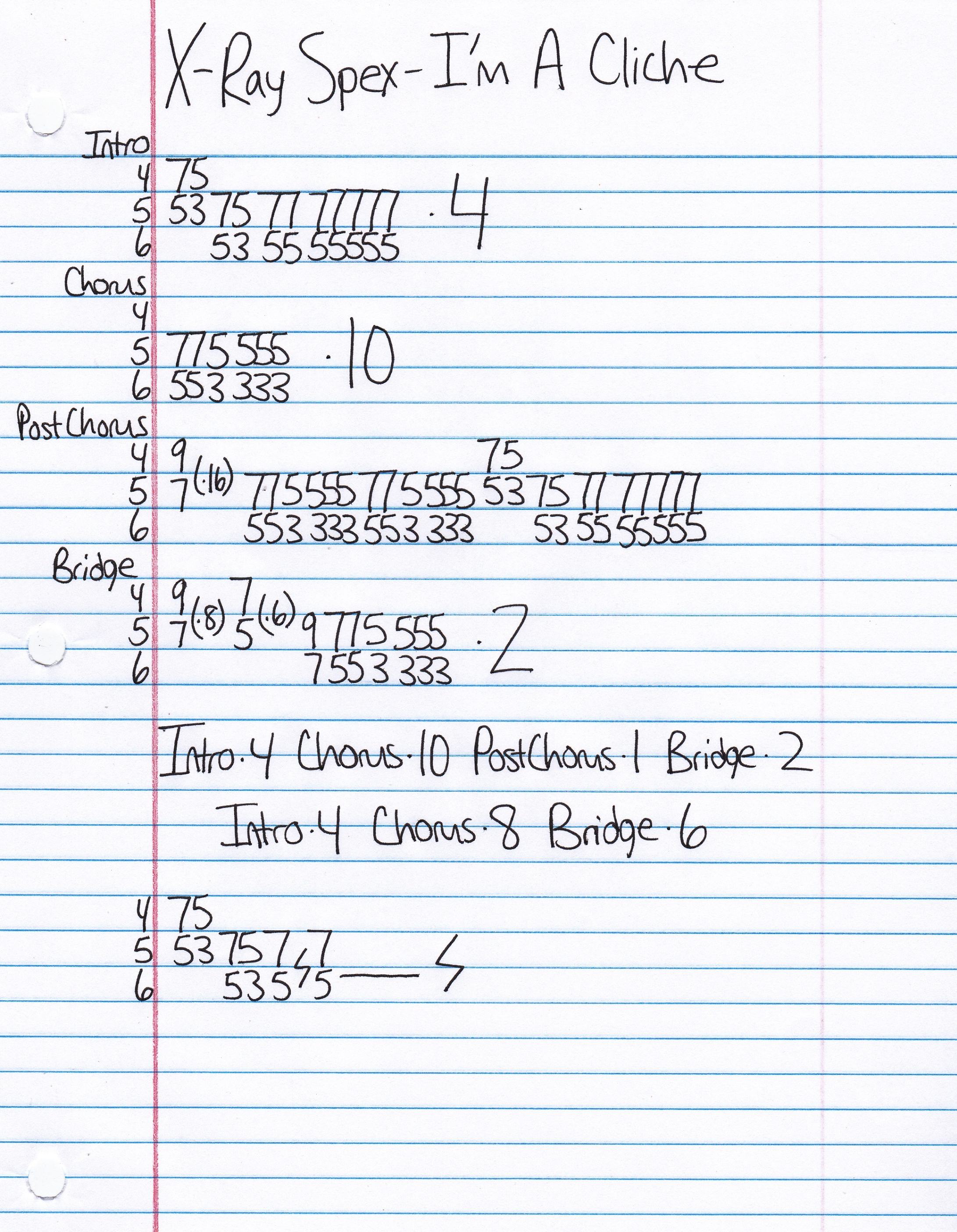 High quality guitar tab for I'm A Cliche by X-Ray Spex off of the album Germ Free Adolescents. ***Complete and accurate guitar tab!***